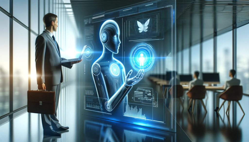 A sleek and modern image depicting a person interacting with a futuristic digital interface in a corporate environment
