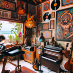 A vibrant and artistic scene in Canggu, Bali, featuring a tattoo studio with a bohemian, musical vibe