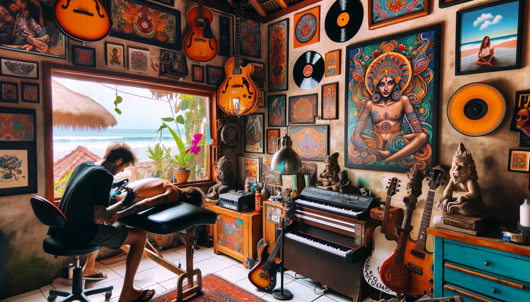 A vibrant and artistic scene in Canggu, Bali, featuring a tattoo studio with a bohemian, musical vibe