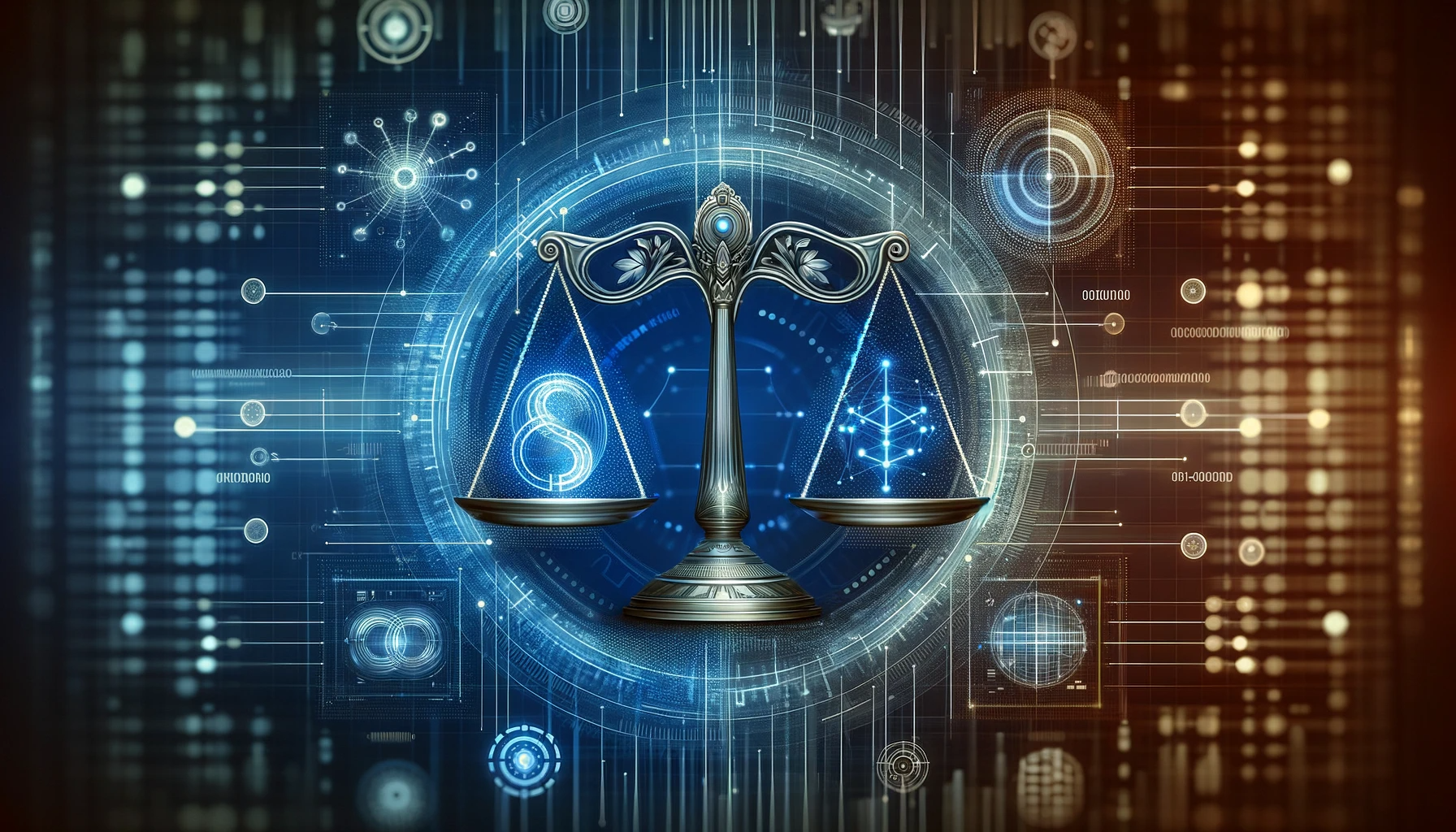 An abstract digital art representing business ethics in the digital age, with symbolic elements like a balance scale, digital data streams, and AI