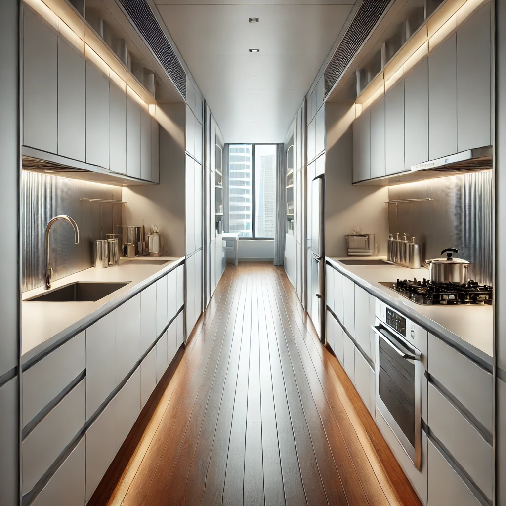modern galley layout kitchen made from AI